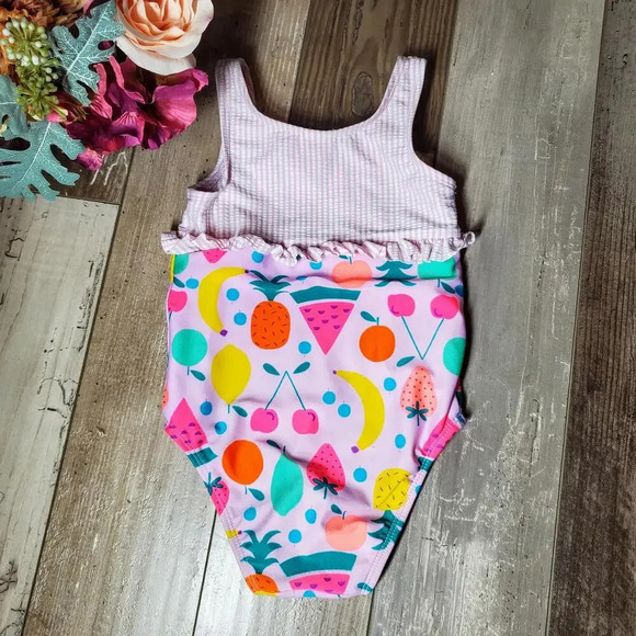 Cat & Jack Purple Striped Fruit Pattern One Piece Swimsuit Toddler Girl Size 2T - Picture 9 of 9